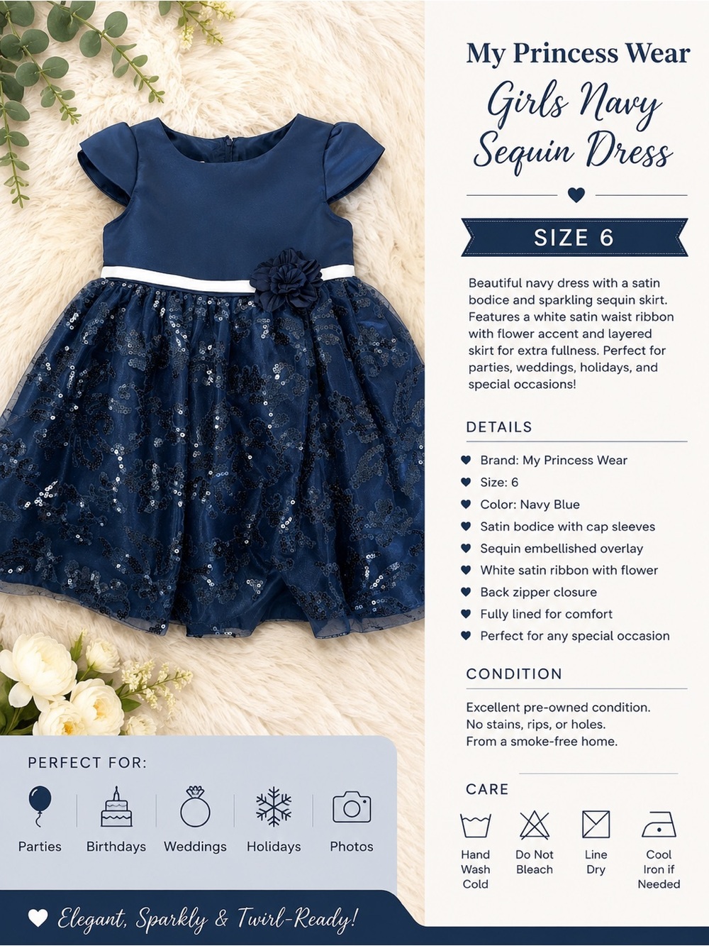 Girls Navy Sequin Dress - Navy Blue